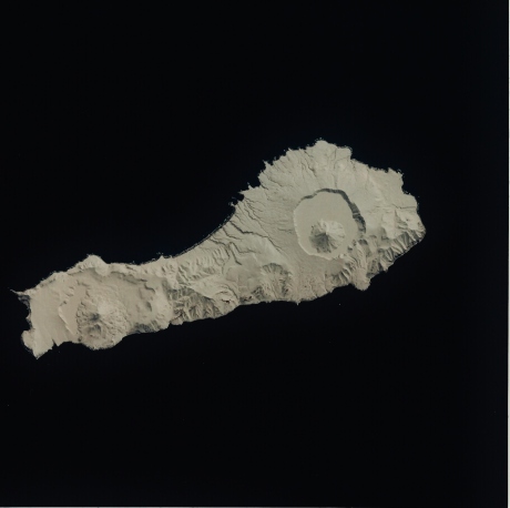 Frozen, volcanic Onekotan Island, Russia, in the Kuriles south of Kamchatka. April 14, 1994. (NASA STS059-219-065) 