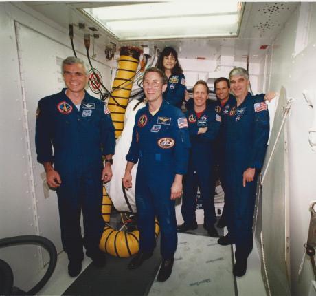 Our STS-59 crew during our countdown rehearsal on 3/23/94. Here we gather outside Endeavour's hatch in the Pad 39A White Room. Left to right are Rich Clifford, Jay Apt, Linda Godwin, Tom Jones, Kevin Chilton, and Sid Gutierrez. (NASA KSC-394C-1160.09)