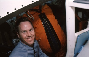 Just out of my suit on the middeck of Endeavour, helping other crewmembers get unsuited and into "orbit" clothes. 4/9/94 (NASA)